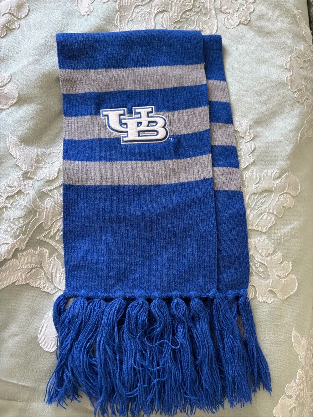 Branded Blue and Gray Knit Scarf - Collegiate Winter Accessory